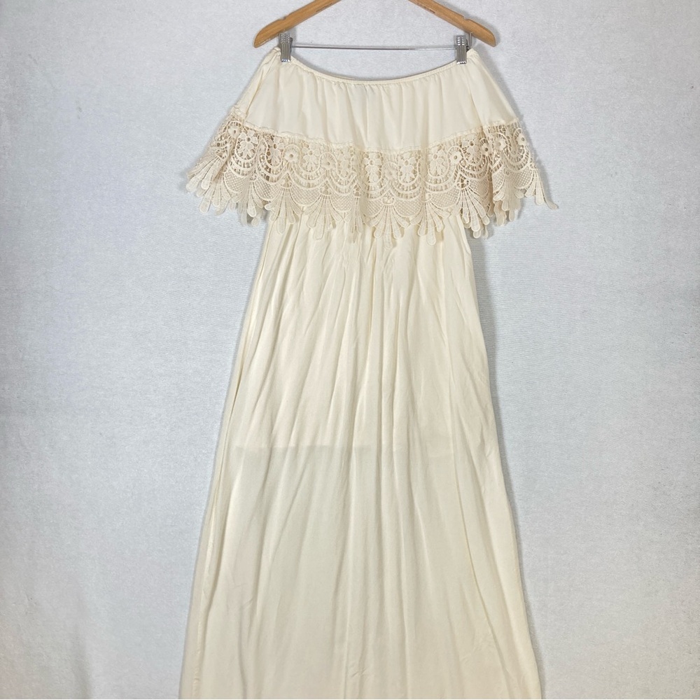 Swell Off-Shoulder Flutter Sleeve Maxi Dress embroidery Beige Sz M Vacation